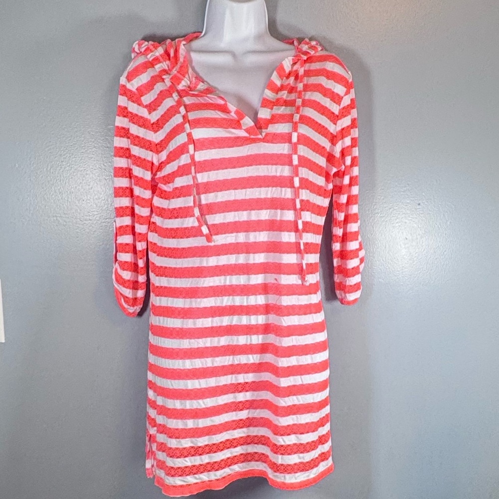 Balance Cover-Up Collection Neon Coral Stripe Hooded Swim Cover Up Tunic Medium - Picture 3 of 12